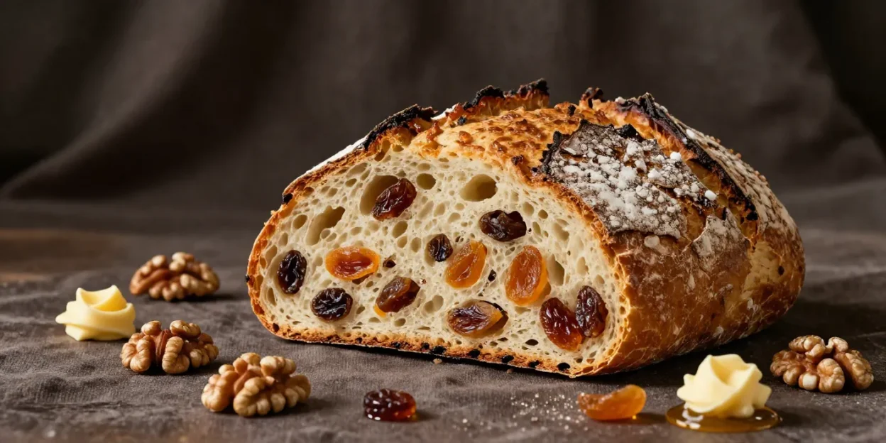Rustic fruit sourdough loaf with walnuts, raisins, and golden crackled crust beautifully styled on dark linen background