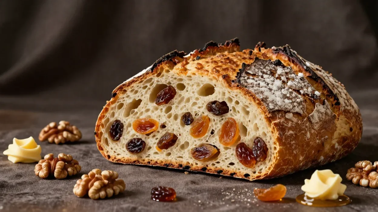 Rustic fruit sourdough loaf with walnuts, raisins, and golden crackled crust beautifully styled on dark linen background