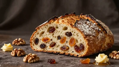 Rustic fruit sourdough loaf with walnuts, raisins, and golden crackled crust beautifully styled on dark linen background