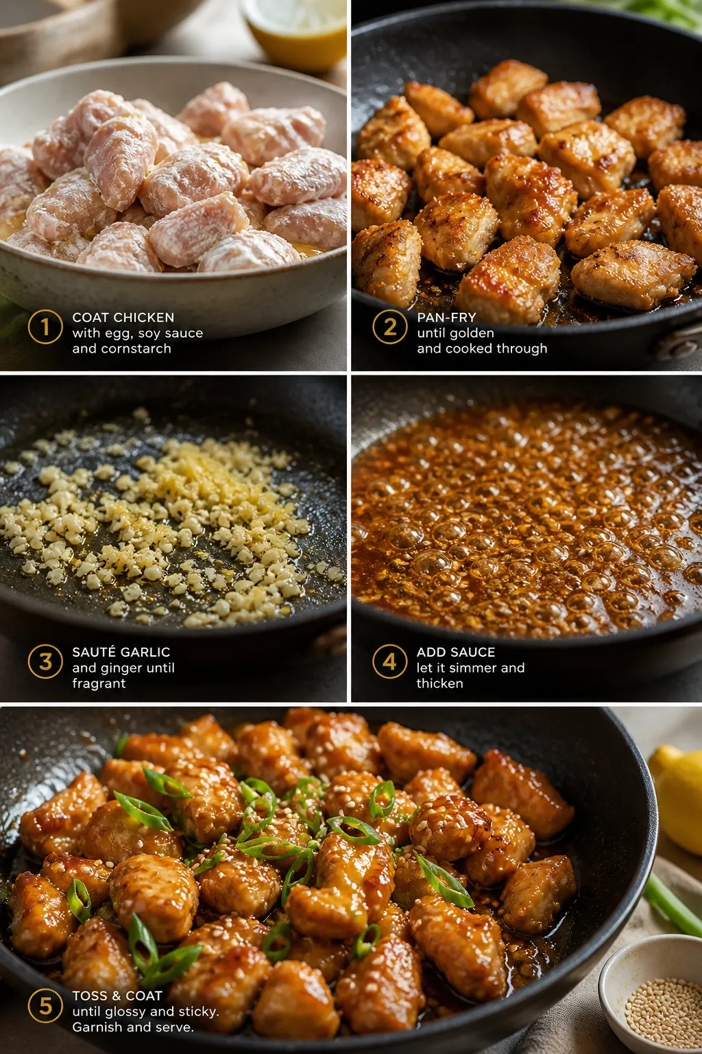 collage of honey lemon chicken cooking steps from raw to glazed