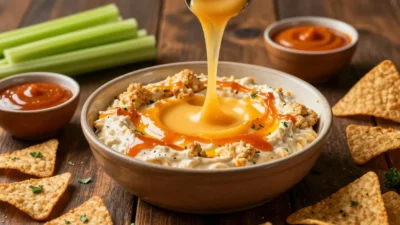 Buffalo cauliflower dip with melted cheese and tortilla chips on a rustic table.