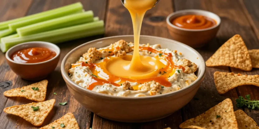 Buffalo cauliflower dip with melted cheese and tortilla chips on a rustic table.