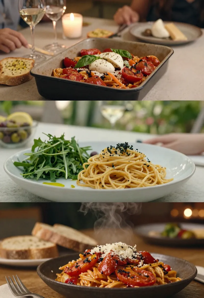 Vertical collage showing different serving styles for roasted cherry tomato pasta