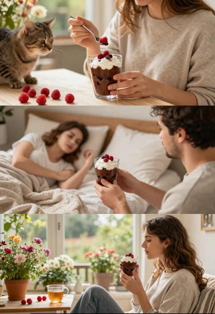 Collage of people enjoying chocolate mug cake in cozy everyday moments