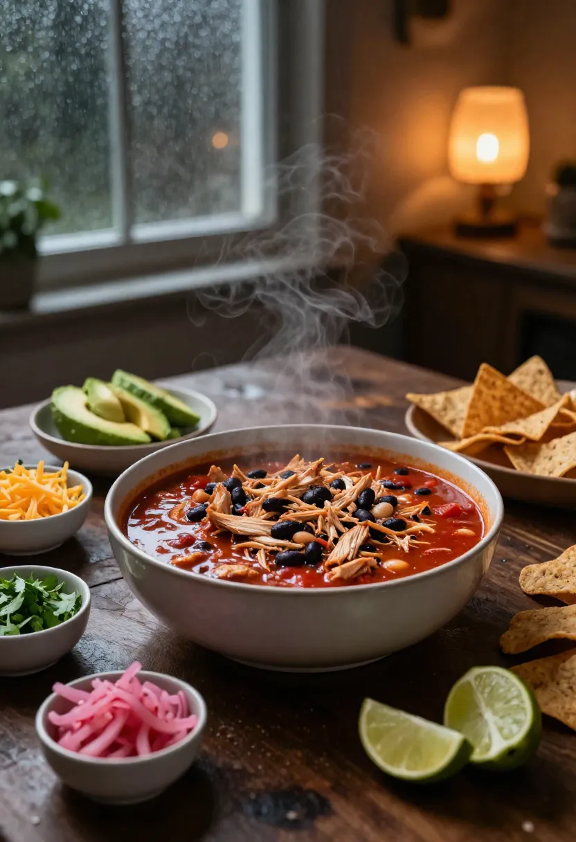 Reheated high-protein chicken chili with fresh toppings on a cozy rainy evening.