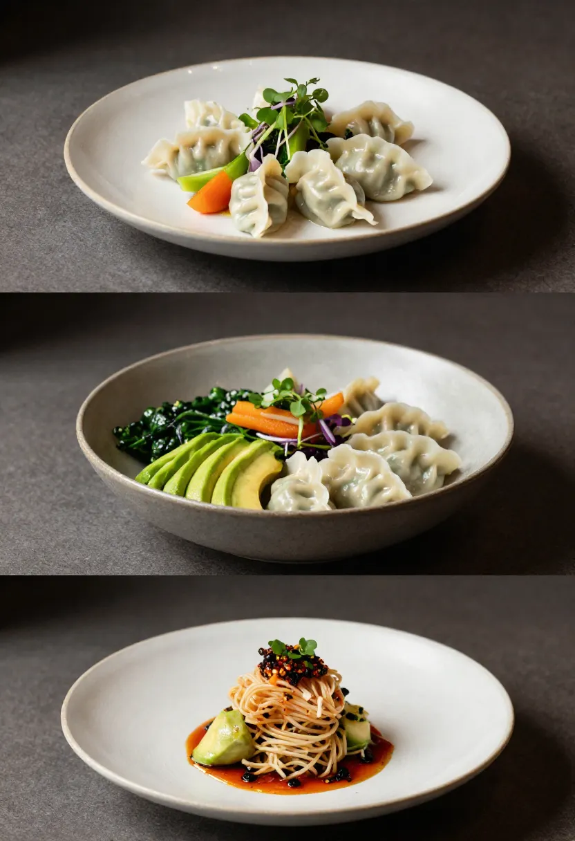 Elegant collage of potsticker salad variations in refined restaurant-style presentation