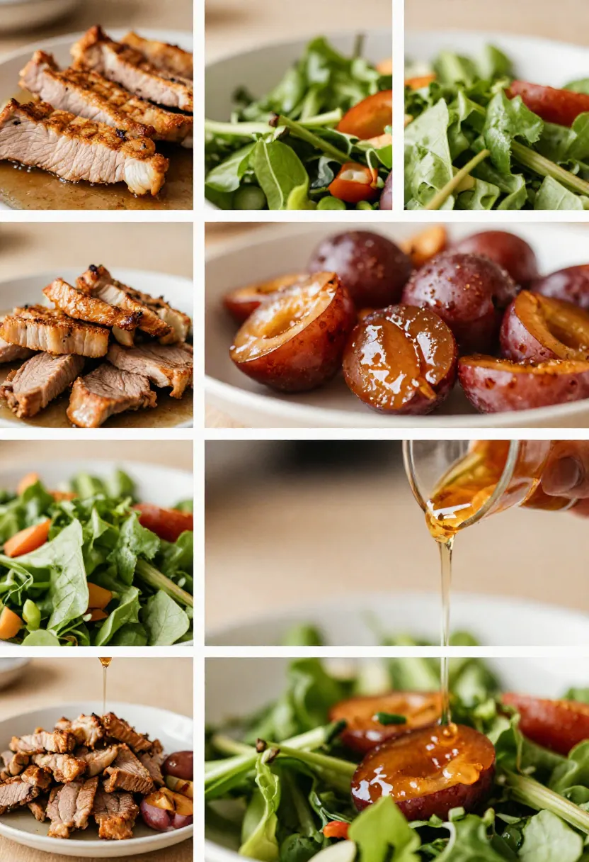 Collage of pork, plums, fresh vegetables, and dressing showing different elements of a warm salad