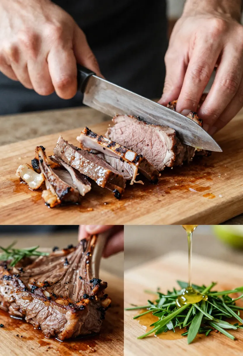 Close-up of sliced grilled lamb, resting meat, and dressing over fresh herbs
