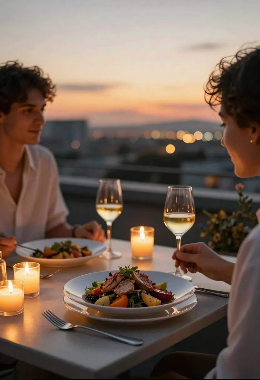 Couple enjoying pork and plum salad on a rooftop at sunset with wine and city view