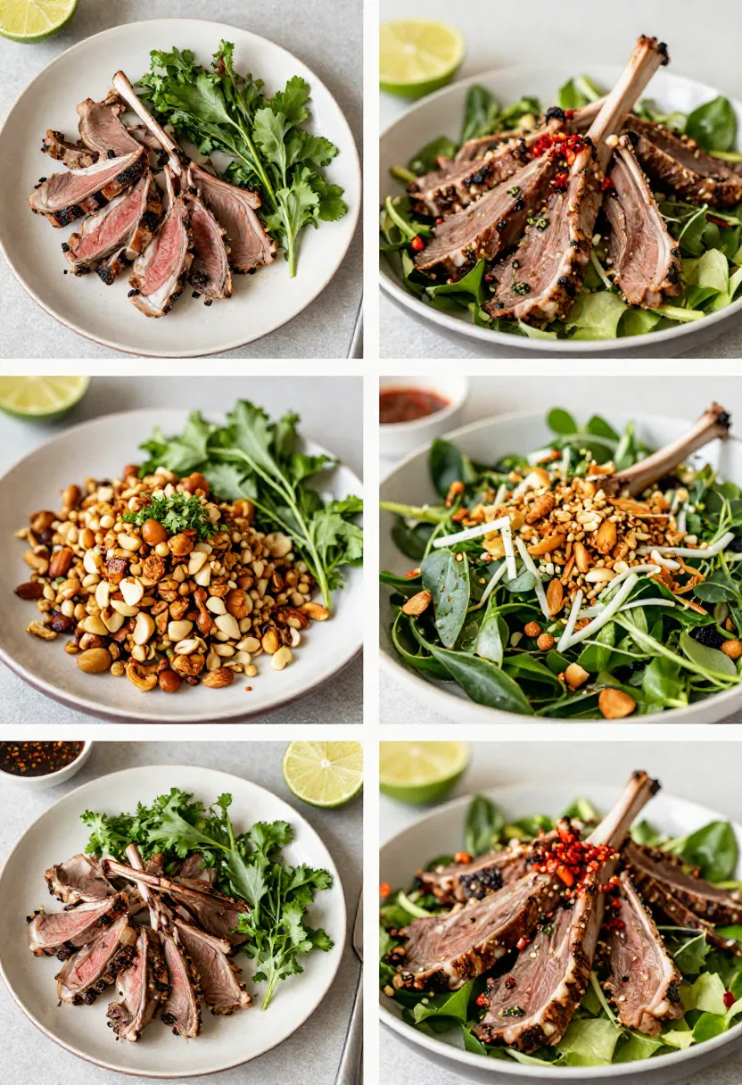Collage of grilled lamb salad variations with herbs, toppings, and dressing options