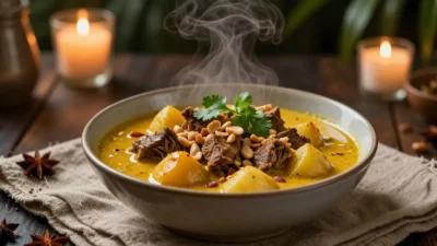 Massaman beef curry with coconut sauce, beef, and potatoes in a cozy atmospheric setting