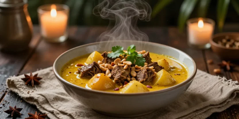 Massaman beef curry with coconut sauce, beef, and potatoes in a cozy atmospheric setting