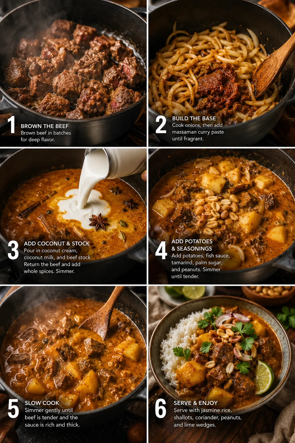 Six-panel recipe infographic: 1 seared beef chunks; 2 build the base with onions and curry paste; 3 pour in coconut cream; 4 add potatoes and seasonings; 5 slow cook until beef is tender; 6 serve with jasmine rice and garnishes.