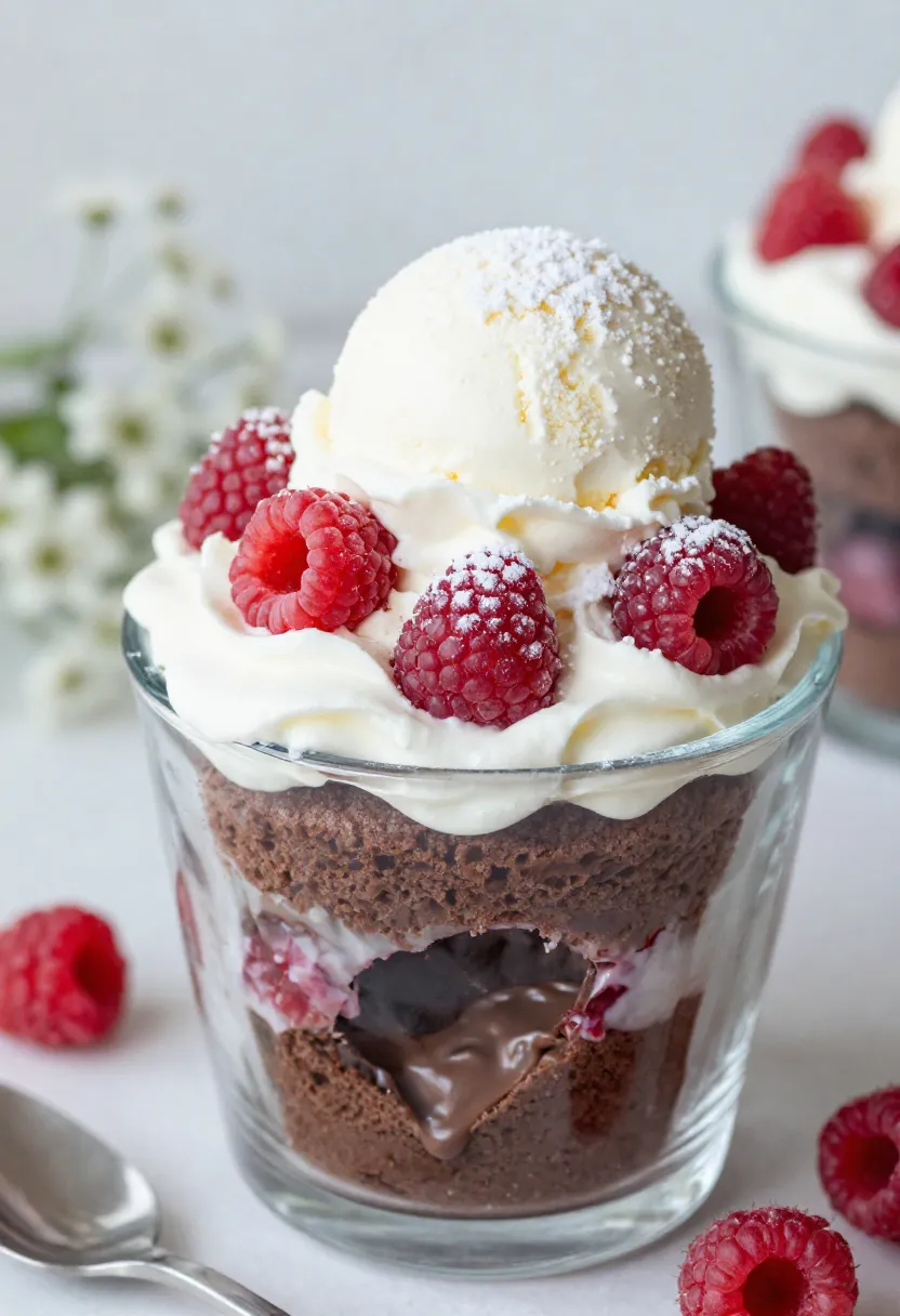 Chocolate raspberry mug cake with ice cream melting and spoon digging into gooey center