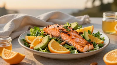 Orange salmon salad with avocado, citrus, and ginger hot honey dressing in warm natural light