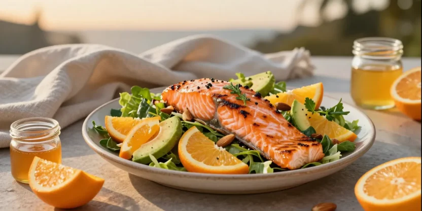 Orange salmon salad with avocado, citrus, and ginger hot honey dressing in warm natural light