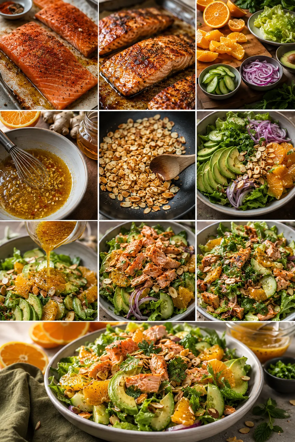 Detailed collage showing the process of making orange salmon salad with ginger hot honey vinaigrette