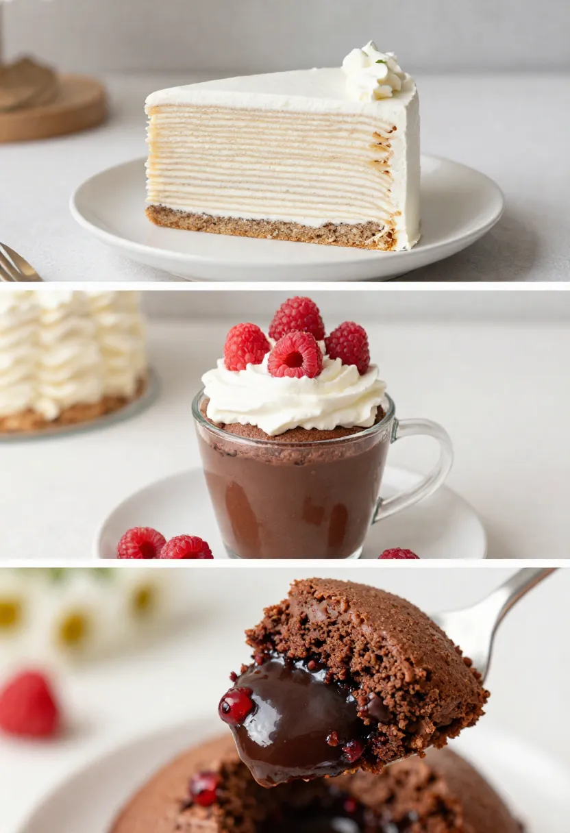 Collage of layered cake and chocolate raspberry mug cake with gooey center