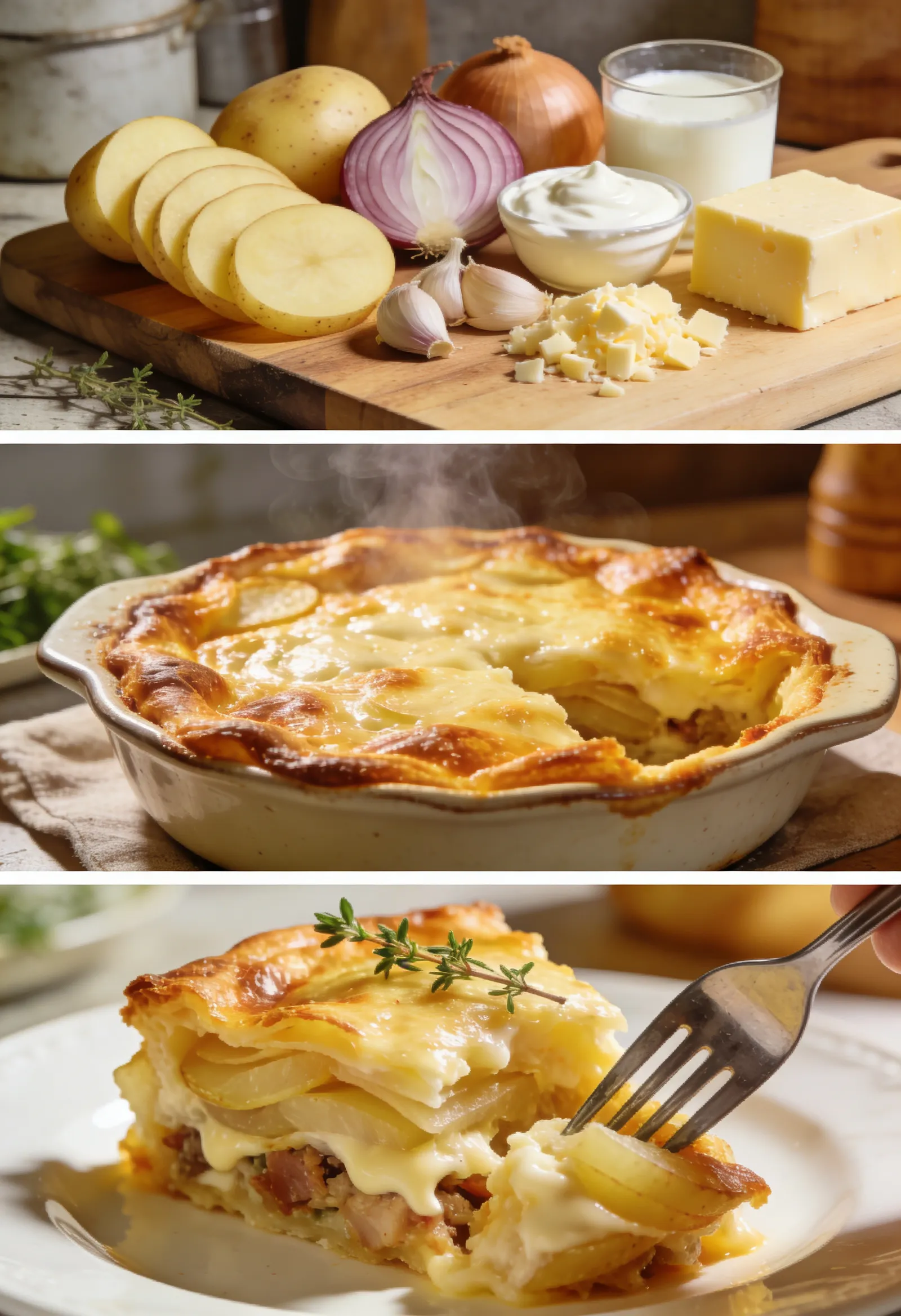 Editorial collage showing golden potato bake, creamy layers, and a cozy dinner table setting.