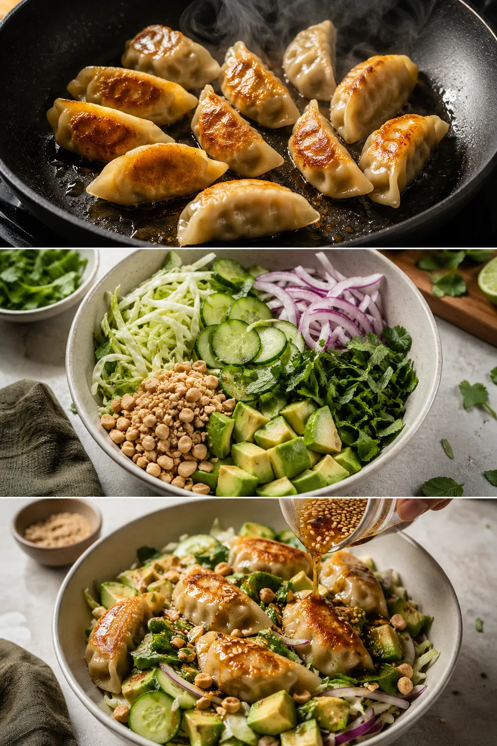 Collage showing potsticker salad preparation with cooking dumplings and mixing fresh ingredients
