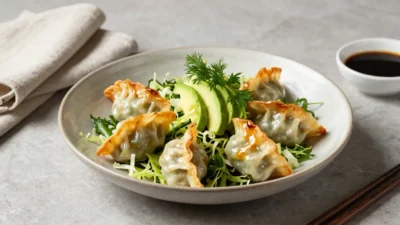 Elegant potsticker salad with crispy dumplings and fresh greens on a modern plate