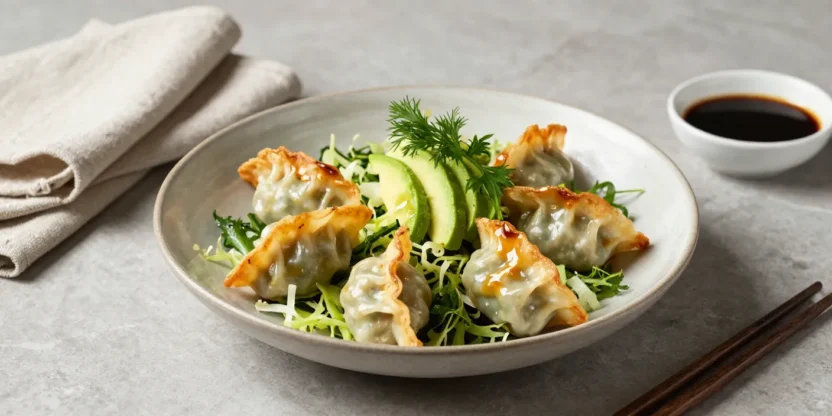 Elegant potsticker salad with crispy dumplings and fresh greens on a modern plate