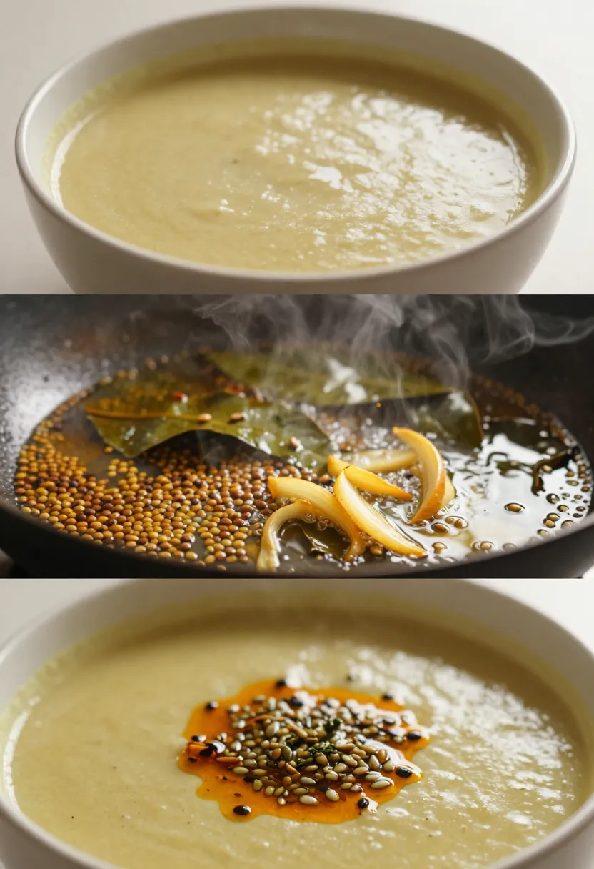 Tadka process collage with spices sizzling and finished soup