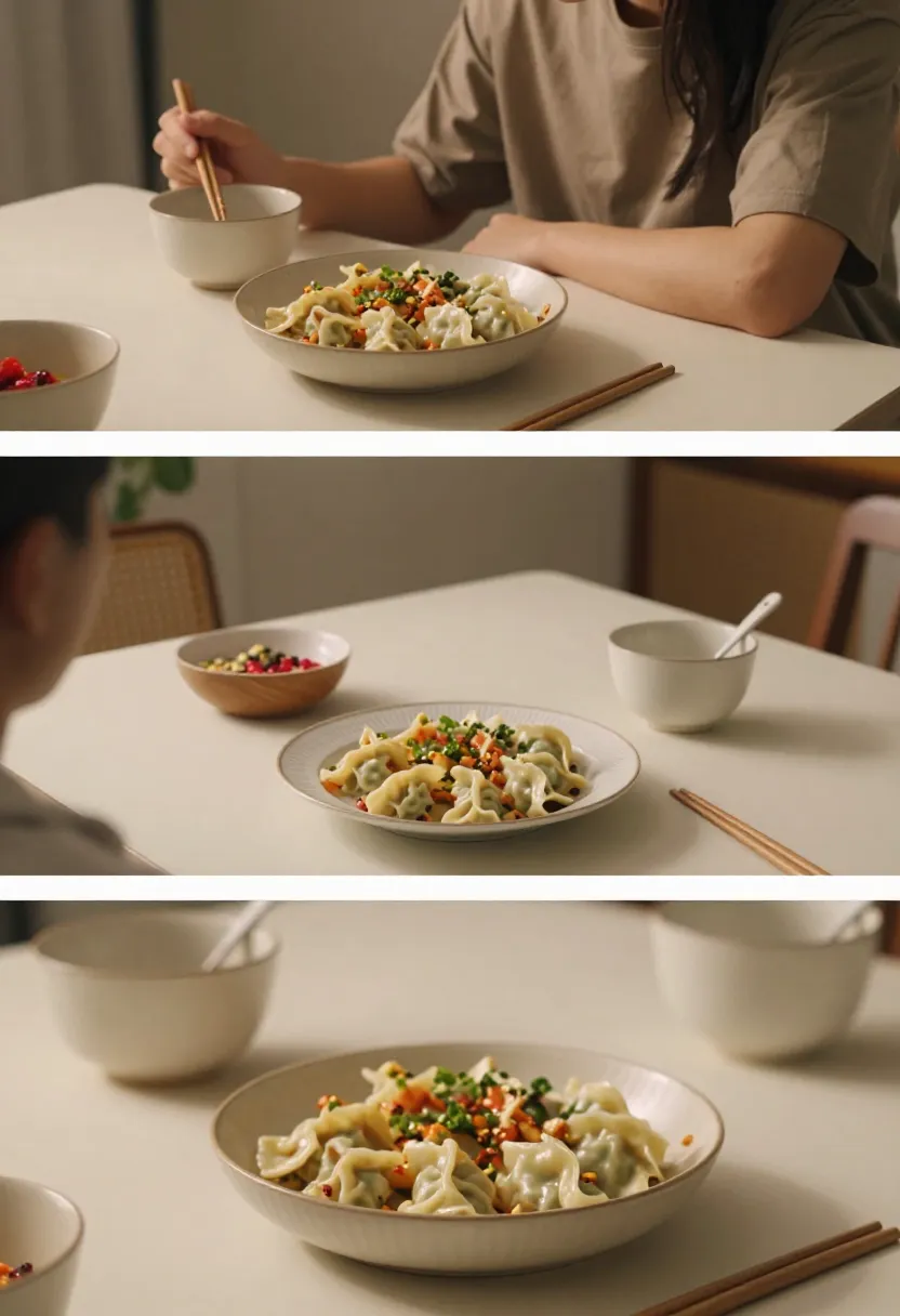 Collage showing potsticker salad in everyday dining settings from solo meal to shared table