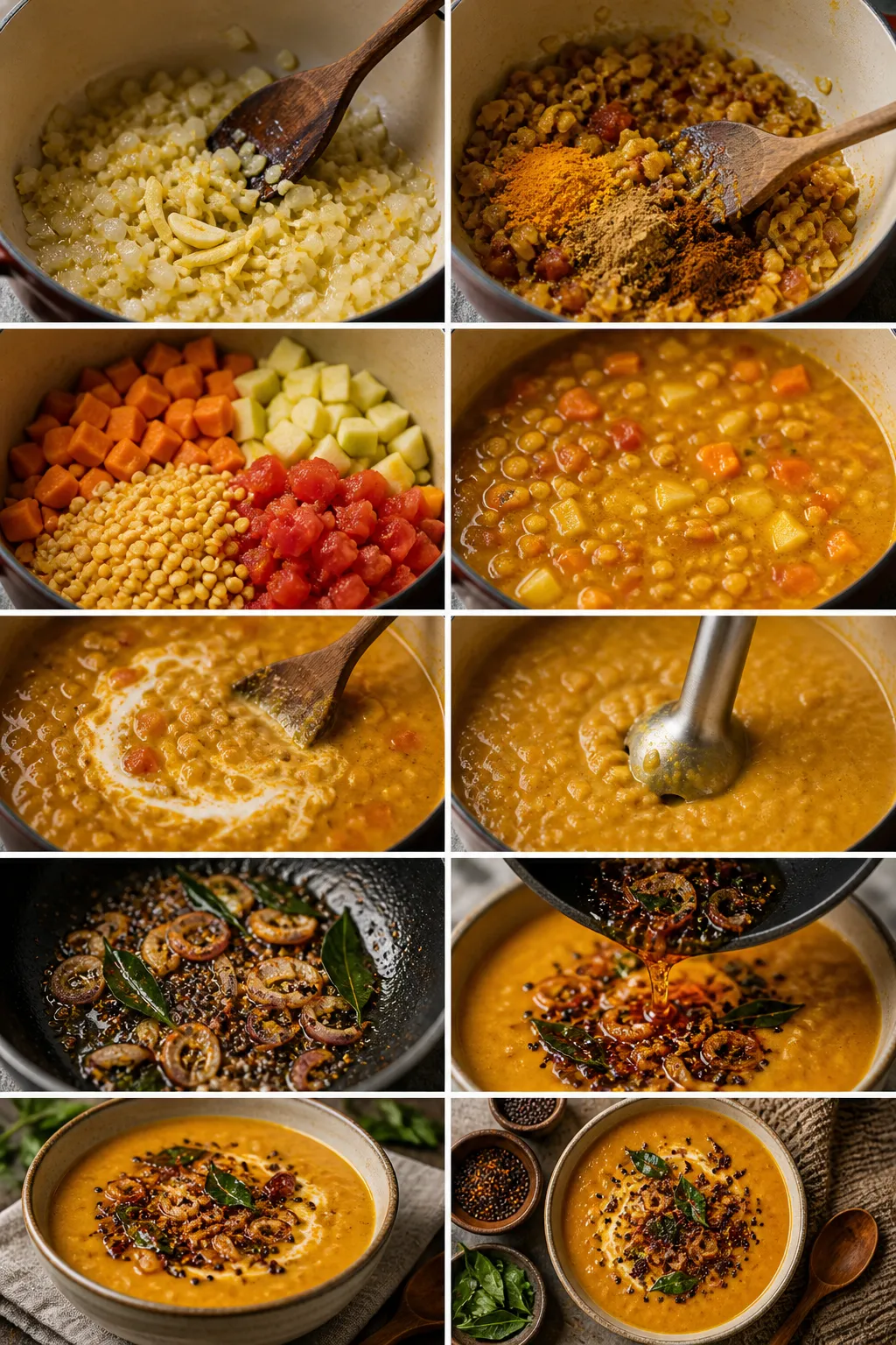 Collage of mulligatawny soup cooking process from base to tadka