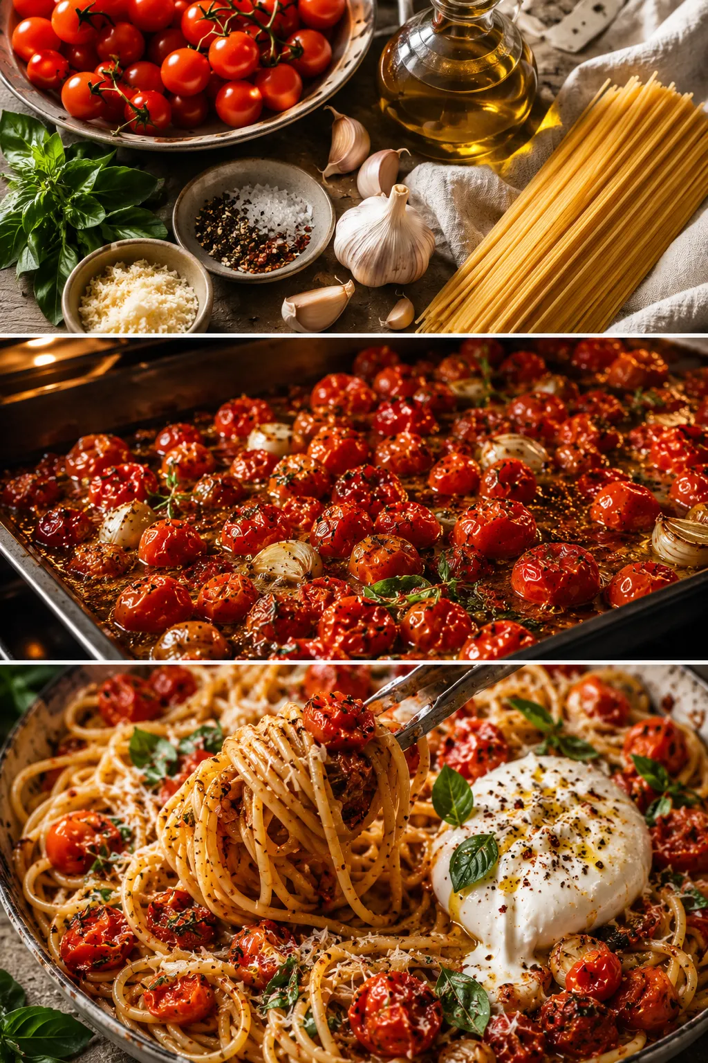 Three-panel collage: fresh tomatoes, garlic, basil, pasta ingredients; roasted cherry tomatoes; and spaghetti with tomato sauce and burrata.