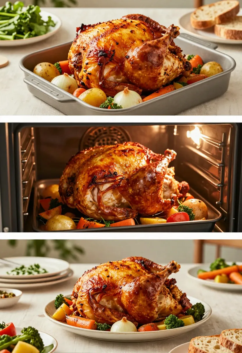 Editorial collage showing roast chicken from roasting to a warm family-style dinner table.