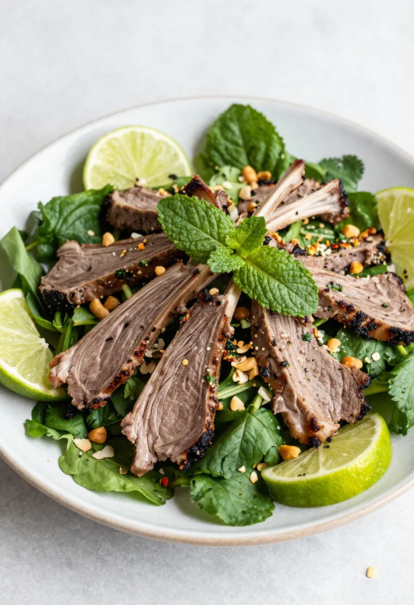 Grilled lamb salad with fresh herbs, lime, and light dressing in natural light