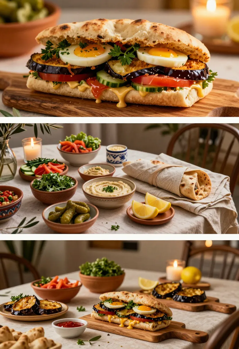 3-frame collage of homemade sabich sandwiches and elegant Mediterranean dinner table.