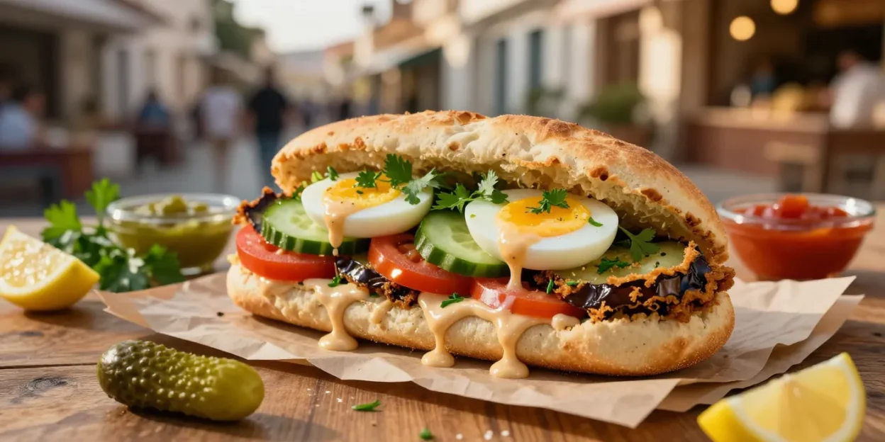 Open-faced sandwich with boiled eggs, cucumber, tomato, and herbs on a toasted baguette with creamy sauce dripping from the sides in an outdoor setting.