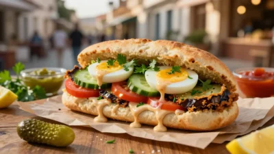 Open-faced sandwich with boiled eggs, cucumber, tomato, and herbs on a toasted baguette with creamy sauce dripping from the sides in an outdoor setting.