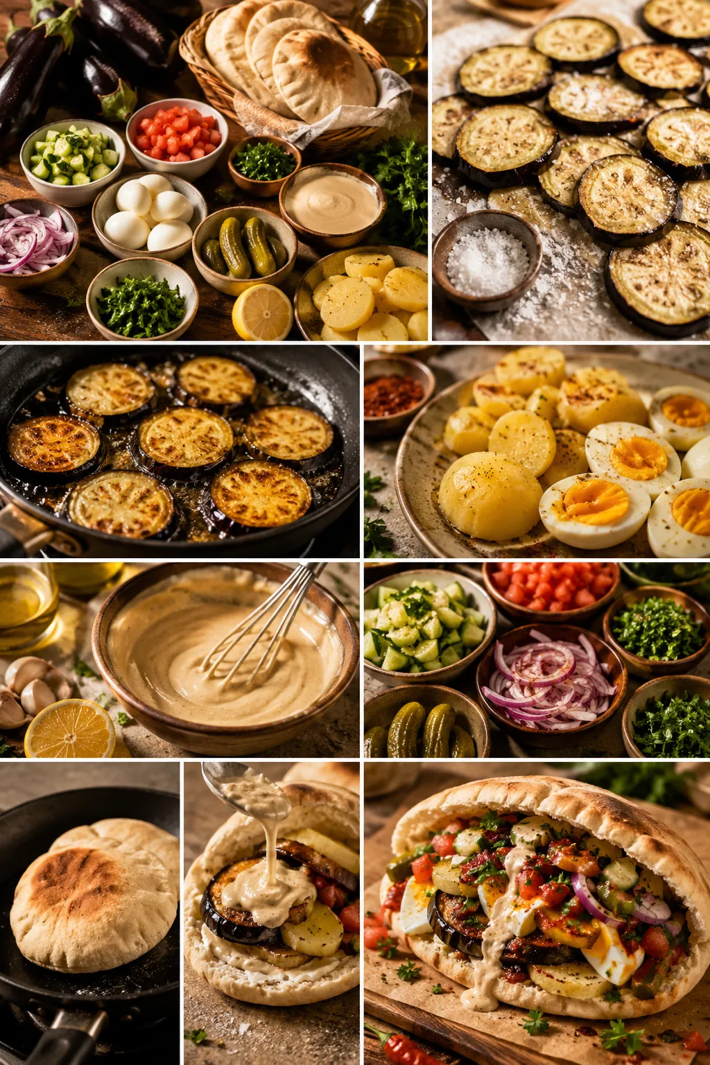 4-frame collage showing homemade sabich preparation, frying eggplant, tahini sauce, and stuffed pita sandwich.