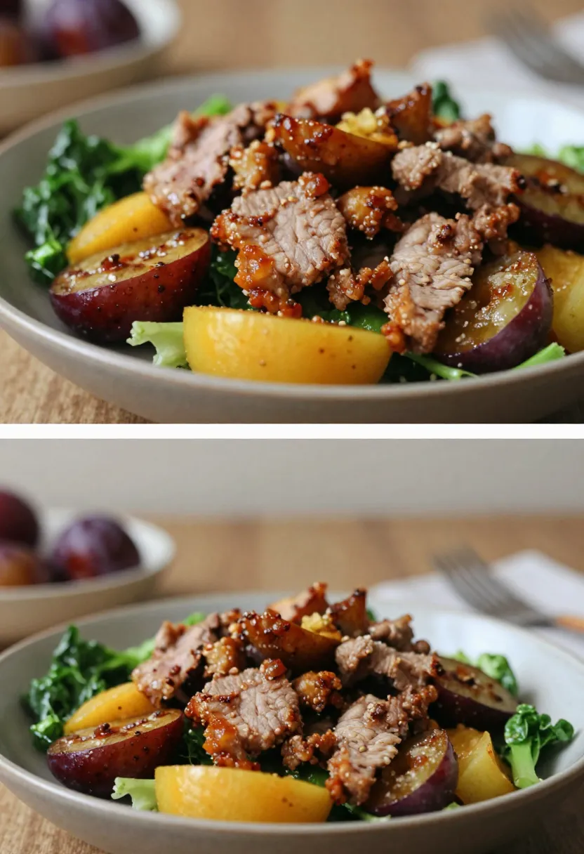 Collage of warm pork and plum salad showing texture, freshness, and soft natural lighting