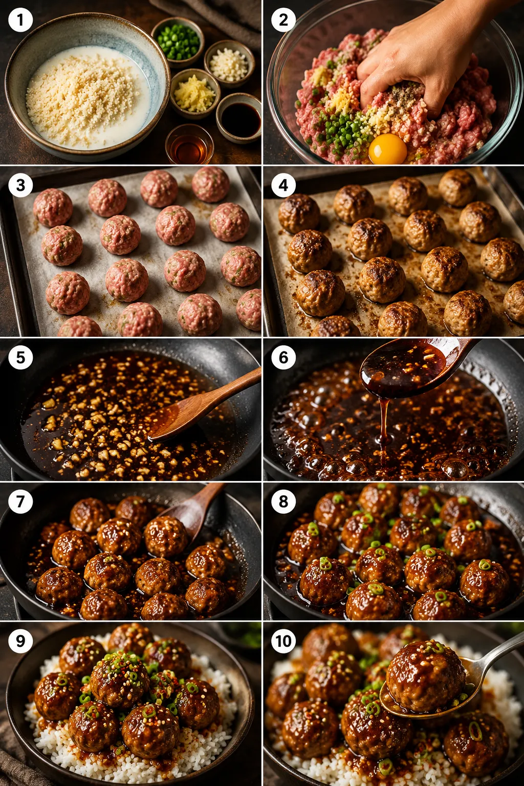 Step-by-step collage showing how to make saucy Asian meatballs from mixing and baking to coating in glossy garlic ginger sauce