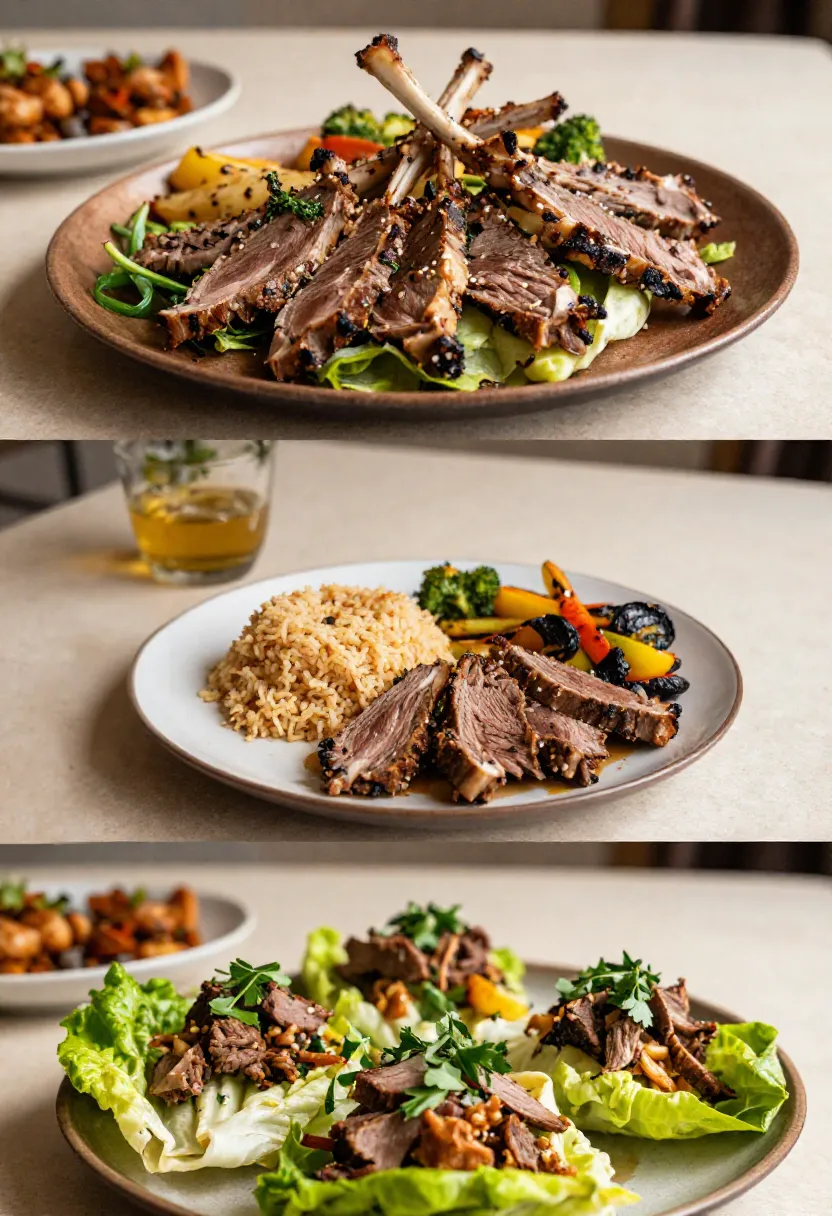 Collage of grilled lamb salad served as shared platter, with sides, and in lettuce wraps