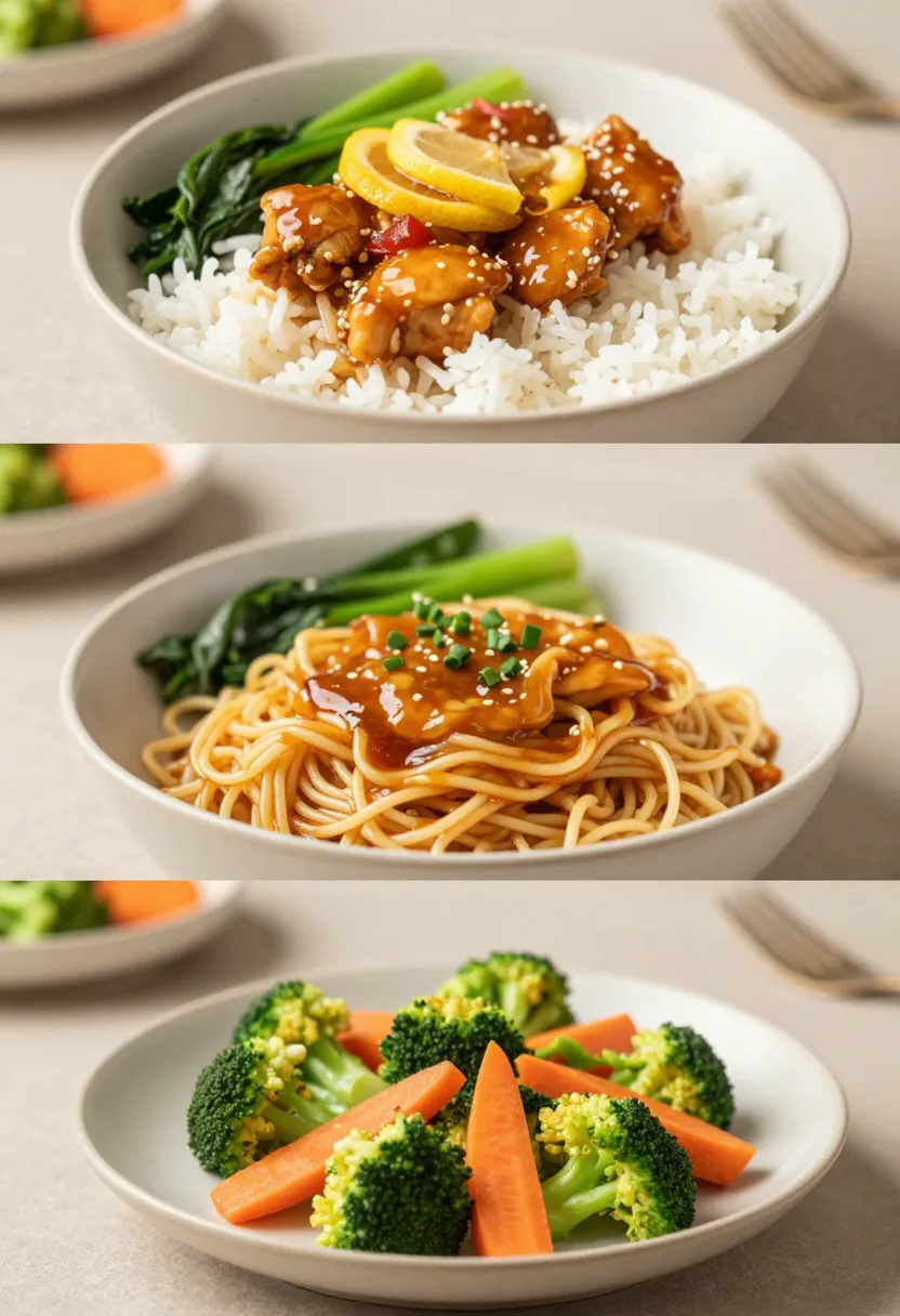 collage of honey lemon chicken served with rice noodles and vegetables