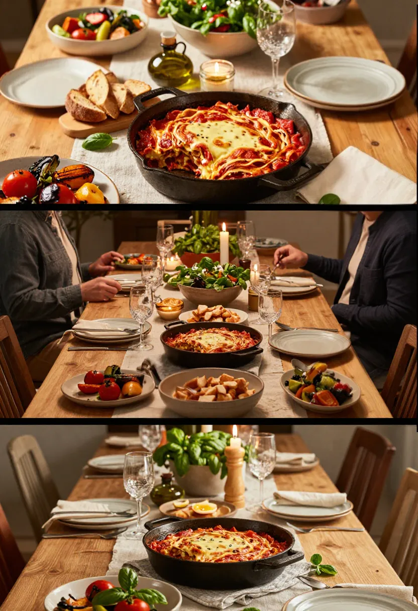 Person enjoying skillet lasagna near a fireplace with a cat nearby