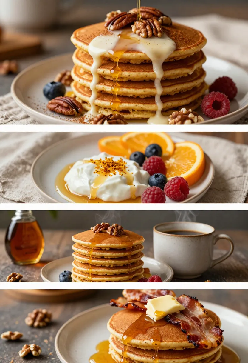 Serving collage of carrot cake pancakes with coffee, berries, maple syrup, cream cheese topping, and toasted nuts.