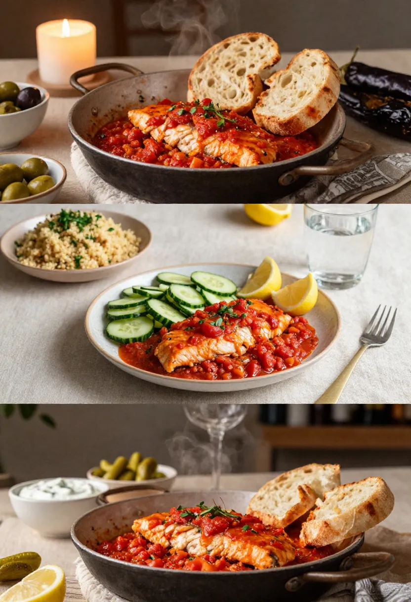 Vertical collage with white fish fillets in spicy chraime tomato sauce served in cozy seasonal dinner scenes