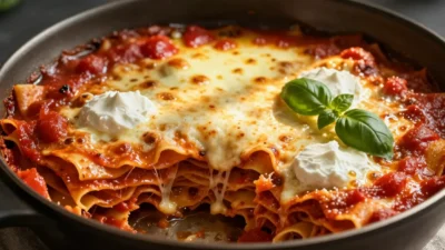 Skillet lasagna with melted cheese and fresh basil