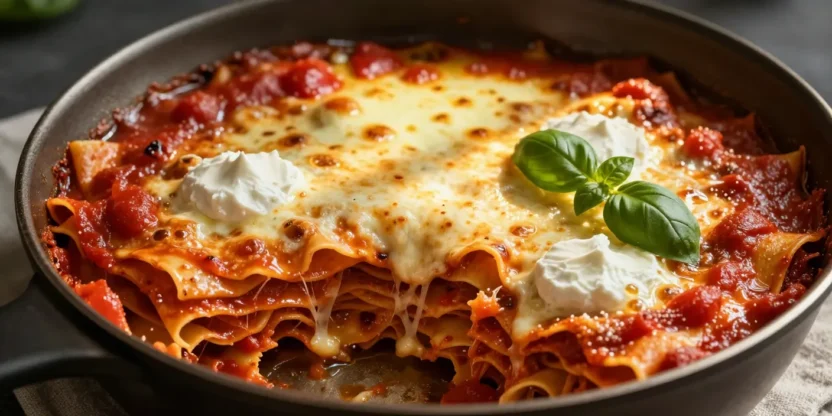 Skillet lasagna with melted cheese and fresh basil