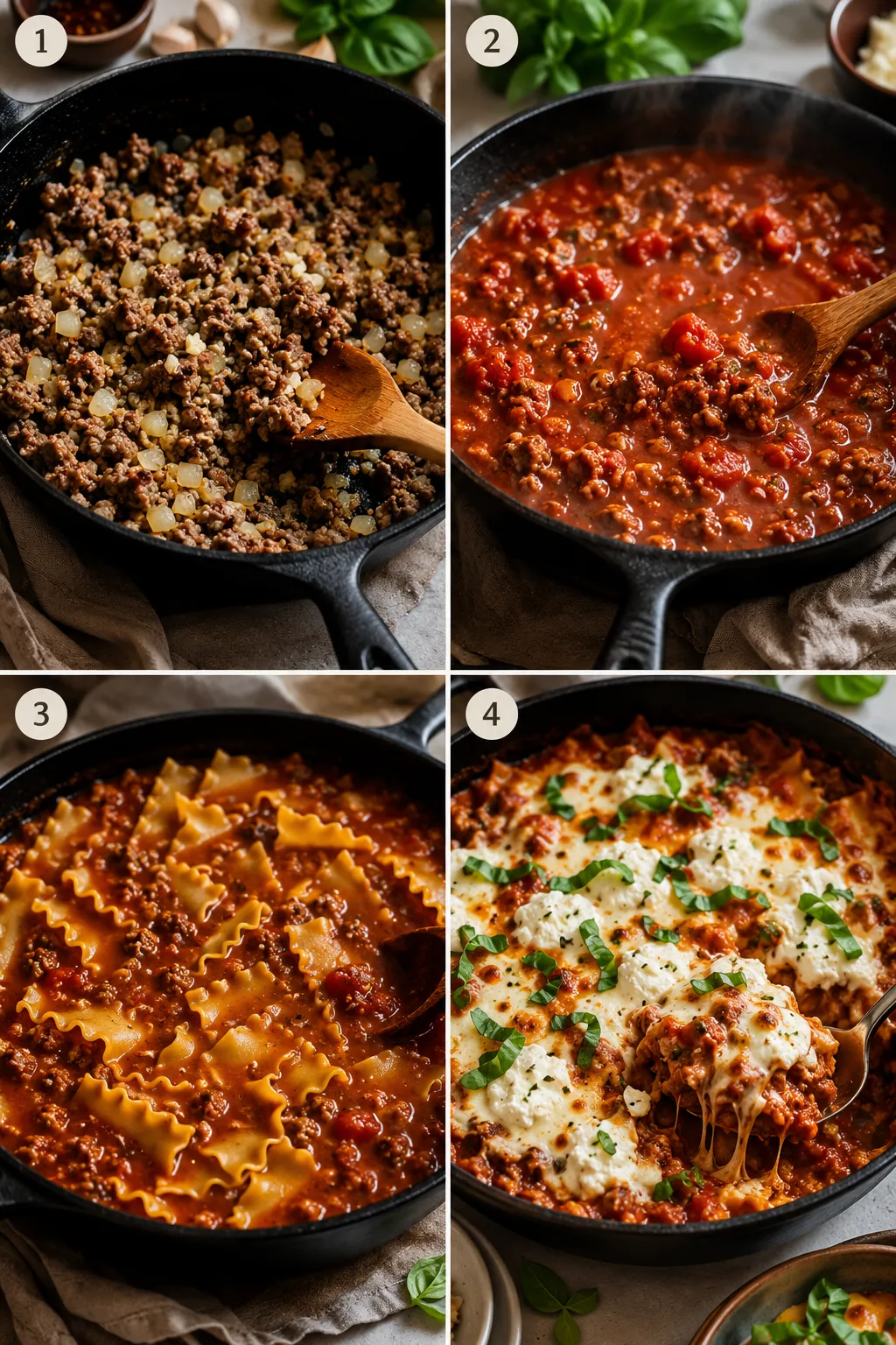 Collage showing the full skillet lasagna cooking process from sauce to melted cheese