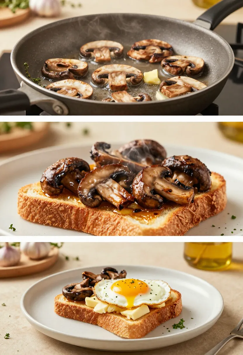 Triple-panel collage: sautéed mushroom slices in a skillet, mushroom-topped toast, and a slice of toast with a fried egg and mushrooms on top.