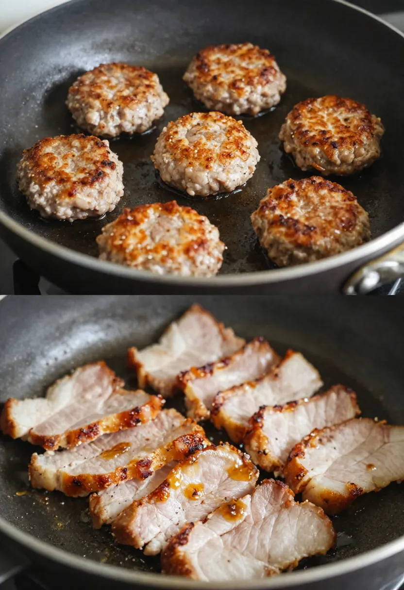 Collage showing browning pork, tasting dressing, and proper pan cooking techniques