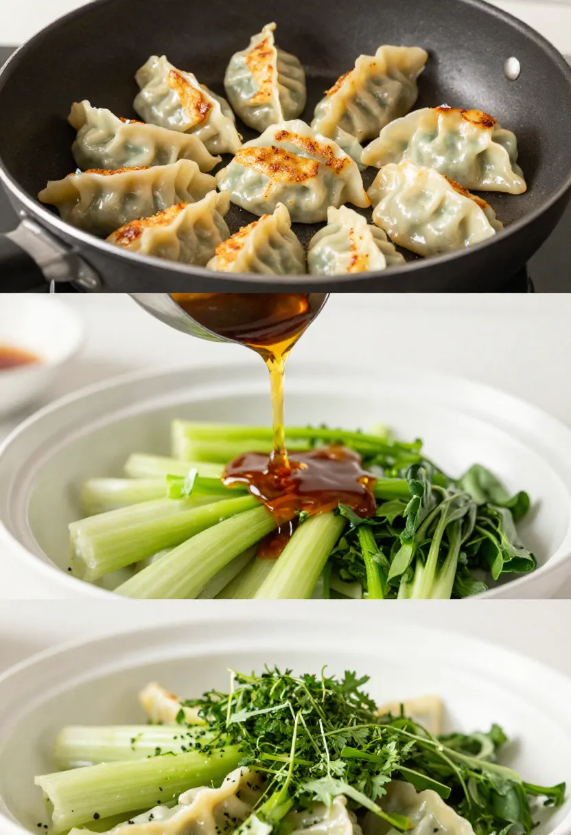 Collage showing crispy dumplings, fresh herbs, and dressing added to salad at the right moment