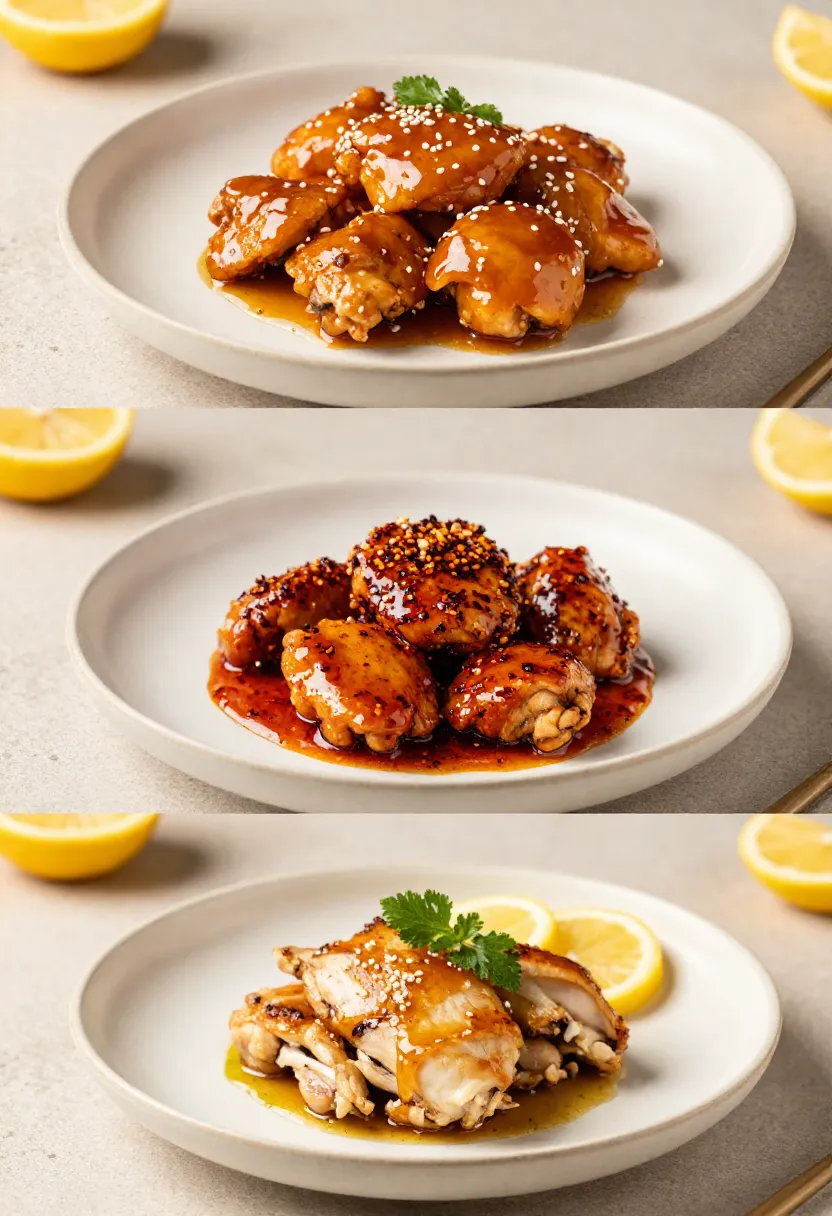collage of different honey lemon chicken variations with sauce and toppings